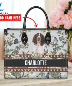English Springer Spaniel Dog Bior Leather Handbag With Flowers And Butterfly