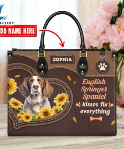 English Springer Spaniel Dog Kisses Fix Everything Leather Handbag
