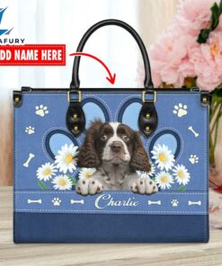 English Springer Spaniel Dog Lover Leather Bag With Daisy Flowers