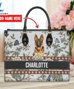 German Shepherd Dog Bior Leather Handbag With Flowers And Butterfly