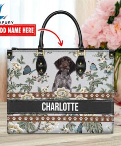 German Wirehaired Pointer Dog Bior Leather Handbag With Flowers And Butterfly