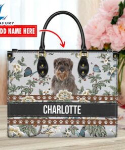 Giant Schnauzer Dog Bior Leather Handbag With Flowers And Butterfly
