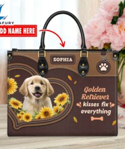 Golden Retriever Dog Kisses Fix Everything Leather Handbag