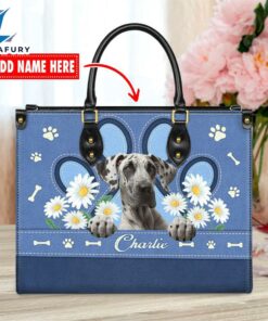 Great Dane Dog Lover Leather Bag With Daisy Flowers