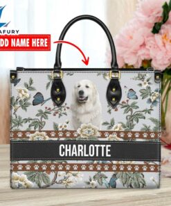 Great Pyrenees Dog Bior Leather Handbag With Flowers And Butterfly