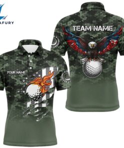 Green Camo American Flag Eagle Golf Ball Custom Patriotic Mens Golf Polo Shirtss