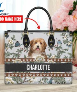 Havanese Dog Bior Leather Handbag With Flowers And Butterfly
