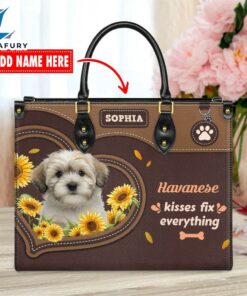 Havanese Dog Kisses Fix Everything Leather Handbag