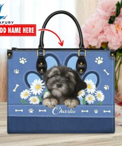 Havanese Dog Lover Leather Bag With Daisy Flowers