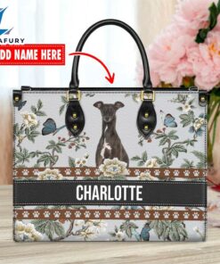 Italian Greyhound Dog Bior Leather Handbag With Flowers And Butterfly