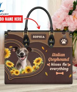 Italian Greyhound Dog Kisses Fix Everything Leather Handbag