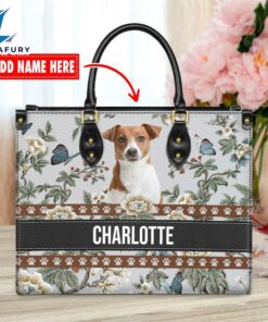 Jack Russell Terrier Dog Bior Leather Handbag With Flowers And Butterfly