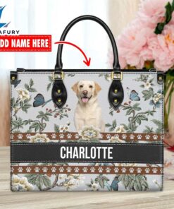 Labrador Retriever Dog Bior Leather Handbag With Flowers And Butterfly