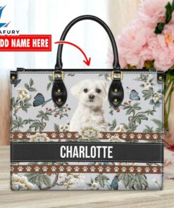 Maltese Dog Bior Leather Handbag With Flowers And Butterfly