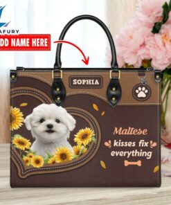 Maltese Dog Kisses Fix Everything Leather Handbag