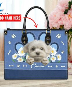 Maltese Dog Lover Leather Bag With Daisy Flowers