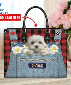 Maltese Dog This Human Belongs To Leather Handbag