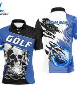 Mens Golf Polo Shirts Custom Skull Golf Ball Fire Golf Jerseyss Blue