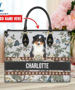 Miniature American Shepherd Dog Bior Leather Handbag With Flowers And Butterfly