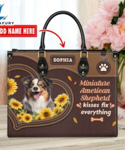 Miniature American Shepherd Dog Kisses Fix Everything Leather Handbag