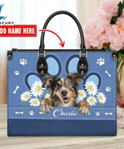 Miniature American Shepherd Dog Lover Leather Bag With Daisy Flowers
