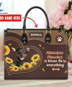 Miniature Pinscher Dog Kisses Fix Everything Leather Handbag