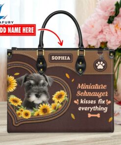 Miniature Schnauzer Dog Kisses Fix Everything Leather Handbag