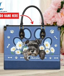 Miniature Schnauzer Dog Lover Leather Bag With Daisy Flowers