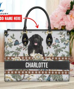Newfoundland Dog Bior Leather Handbag With Flowers And Butterfly