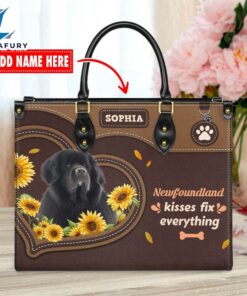 Newfoundland Dog Kisses Fix Everything Leather Handbag