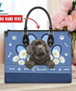 Newfoundland Dog Lover Leather Bag With Daisy Flowers