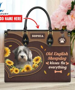 Old English Sheep Dog Kisses Fix Everything Leather Handbag