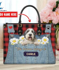 Old English Sheep Dog This Human Belongs To Leather Handbag
