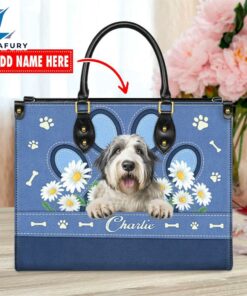 Old English Sheepdog Lover Leather Bag With Daisy Flowers