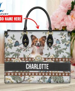 Papillon Dog Bior Leather Handbag With Flowers And Butterfly