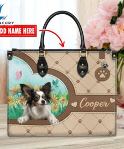 Papillon Dog Duccy Dog Lover Leather Handbag