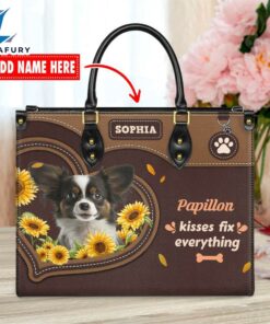 Papillon Dog Kisses Fix Everything Leather Handbag