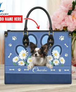 Papillon Dog Lover Leather Bag With Daisy Flowers