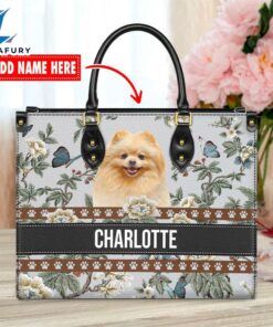 Pomeranian Dog Bior Leather Handbag With Flowers And Butterfly