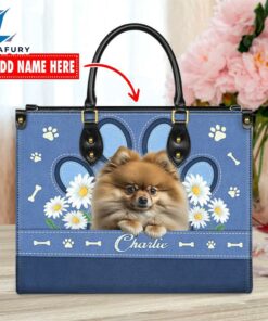 Pomeranian Dog Lover Leather Bag With Daisy Flowers