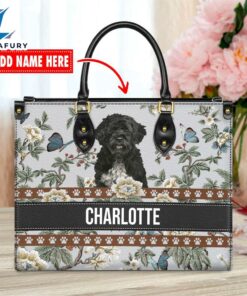 Portuguese Water Dog Bior Leather Handbag With Flowers And Butterfly