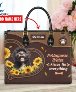 Portuguese Water Dog Kisses Fix Everything Leather Handbag