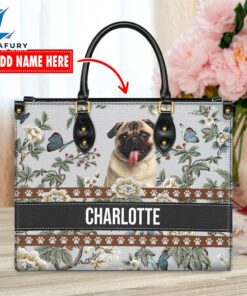 Pug Dog Bior Leather Handbag With Flowers And Butterfly