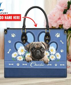 Pug Dog Lover Leather Bag With Daisy Flowers