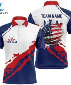 Red, White And Blue Mens Golf Polo Shirts Custom American Flag Patriotic Golf Clothing