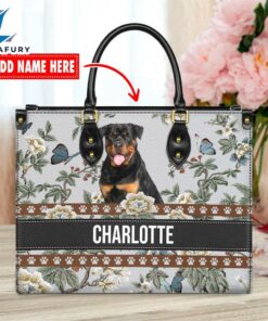 Rottweiler Dog Bior Leather Handbag With Flowers And Butterfly