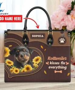 Rottweiler Dog Kisses Fix Everything Leather Handbag