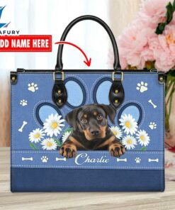Rottweiler Dog Lover Leather Bag With Daisy Flowers