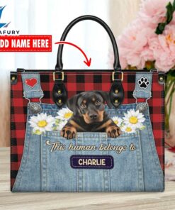 Rottweiler Dog This Human Belongs To Leather Handbag