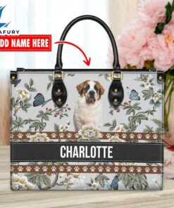Saint Bernard Dog Bior Leather Handbag With Flowers And Butterfly